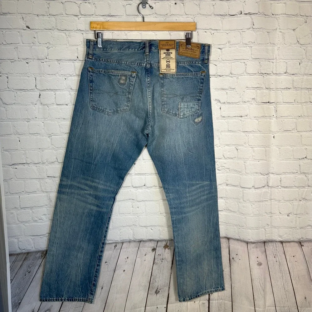 NEW Polo Ralph Lauren Varick Slim Straight Patch Distressed Jeans Light Wash 33